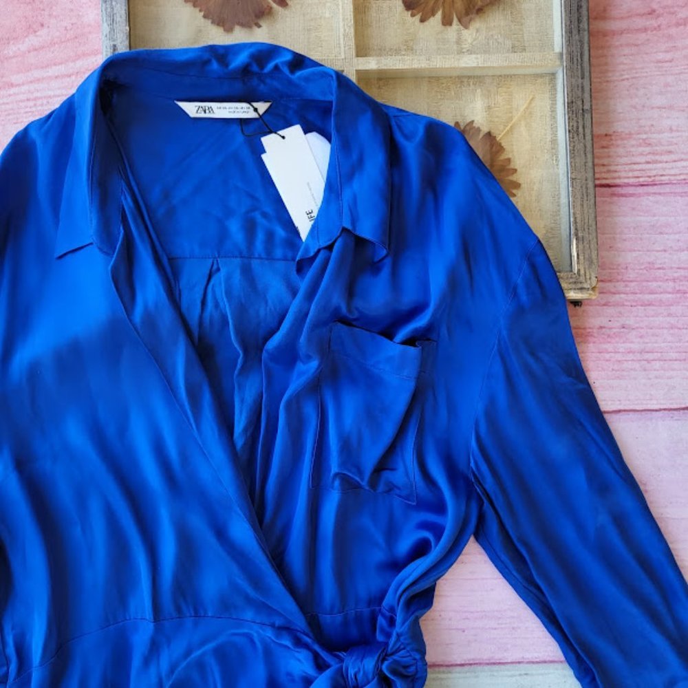 NWT Zara Cobalt Blue Satin Bloggers Effect Tie Waist Mini Shirt Dress XXL - Picture 5 of 7